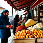 ** A bustling Tbilisi market scene, showcasing fresh produce, Georgian cheese, spices, and locals interacting. Focus on vibrant colors and the sensory experience.

**