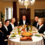 "A warmly lit Georgian home interior. A table laden with an abundance of delicious food and local wine, surrounded by smiling Georgians and a foreign guest, creating a welcoming and familial atmosphere."