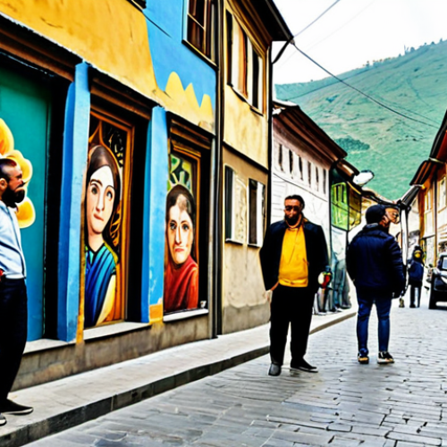 Tbilisi Street Art Scene**

"A vibrant street art scene in Tbilisi, Georgia, featuring colorful murals on historic buildings in a narrow alleyway. Artists are painting, and locals are admiring the art. Capture the blend of old and new, reflecting Georgian culture. Fully clothed people, appropriate attire, safe for work, perfect anatomy, correct proportions, natural pose, professional photography, high quality, family-friendly."

**