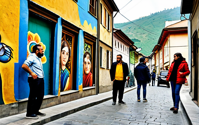 Tbilisi Street Art Scene**
"A vibrant street art scene in Tbilisi, Georgia, featuring colorful murals on historic buildings in a narrow alleyway. Artists are painting, and locals are admiring the art. Capture the blend of old and new, reflecting Georgian culture. Fully clothed people, appropriate attire, safe for work, perfect anatomy, correct proportions, natural pose, professional photography, high quality, family-friendly."
**