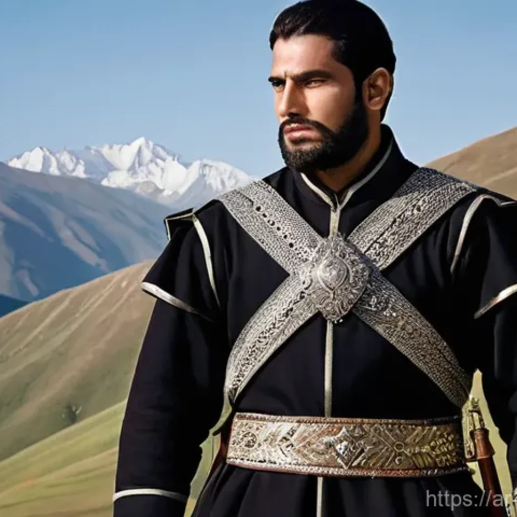 조지아 전통 의상 - **Prompt 1: Majestic Georgian Warrior in Chokha**
    "A proud and majestic Georgian man stands amid...