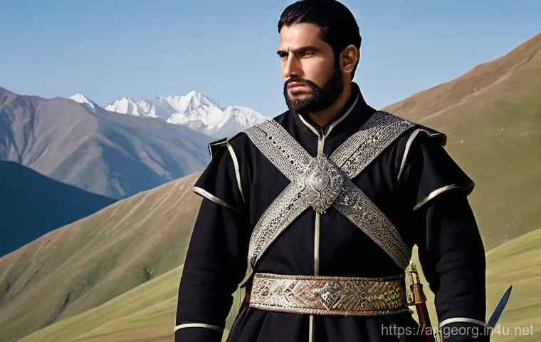 조지아 전통 의상 - **Prompt 1: Majestic Georgian Warrior in Chokha**
    "A proud and majestic Georgian man stands amid...