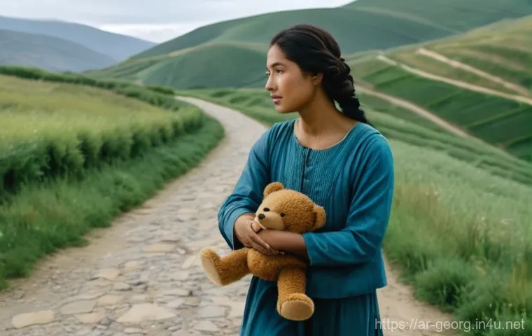 조지아 독립 전쟁 - **Prompt:** A poignant scene depicting a young Georgian mother, mid-22s, with a gentle but determine...