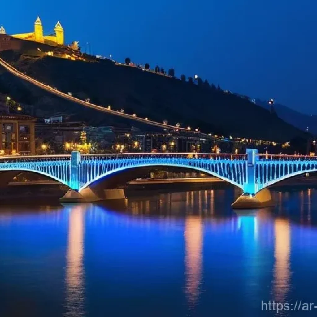 조지아의 유명 강과 호수 - **A picturesque view of the Mtkvari River in Tbilisi at night, showcasing the illuminated Peace Brid...