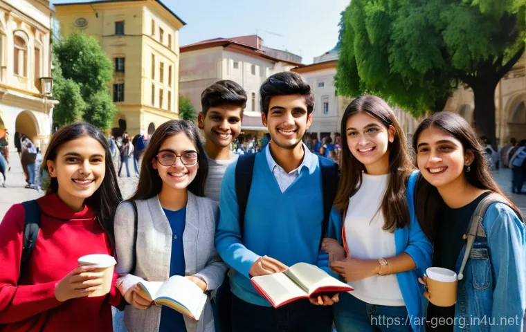 조지아 교육 시스템 - **Prompt 1: A Warm Welcome in Tbilisi**
    "A diverse group of young adult university students, inc...