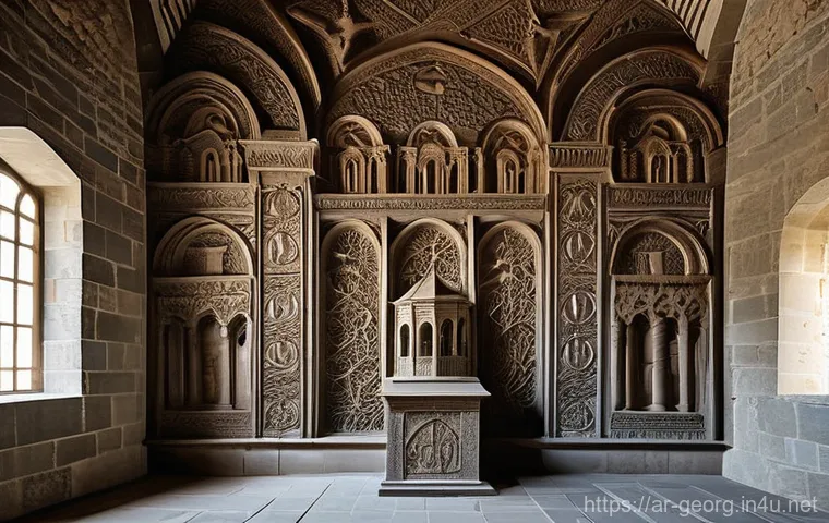 조지아 전통 조각 예술 - **Prompt 1: Ancient Georgian Church Interior with Bas-Reliefs**
    "A stunning interior view of an ...