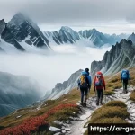 조지아에서 도전적인 하이킹 루트 - A breathtaking panoramic view from a rugged mountain trail in the Caucasus, Georgia, featuring a gro...