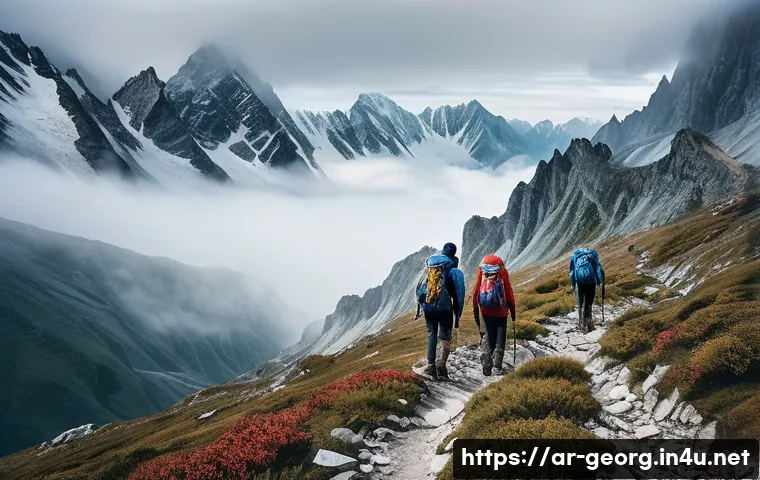 조지아에서 도전적인 하이킹 루트 - A breathtaking panoramic view from a rugged mountain trail in the Caucasus, Georgia, featuring a gro...