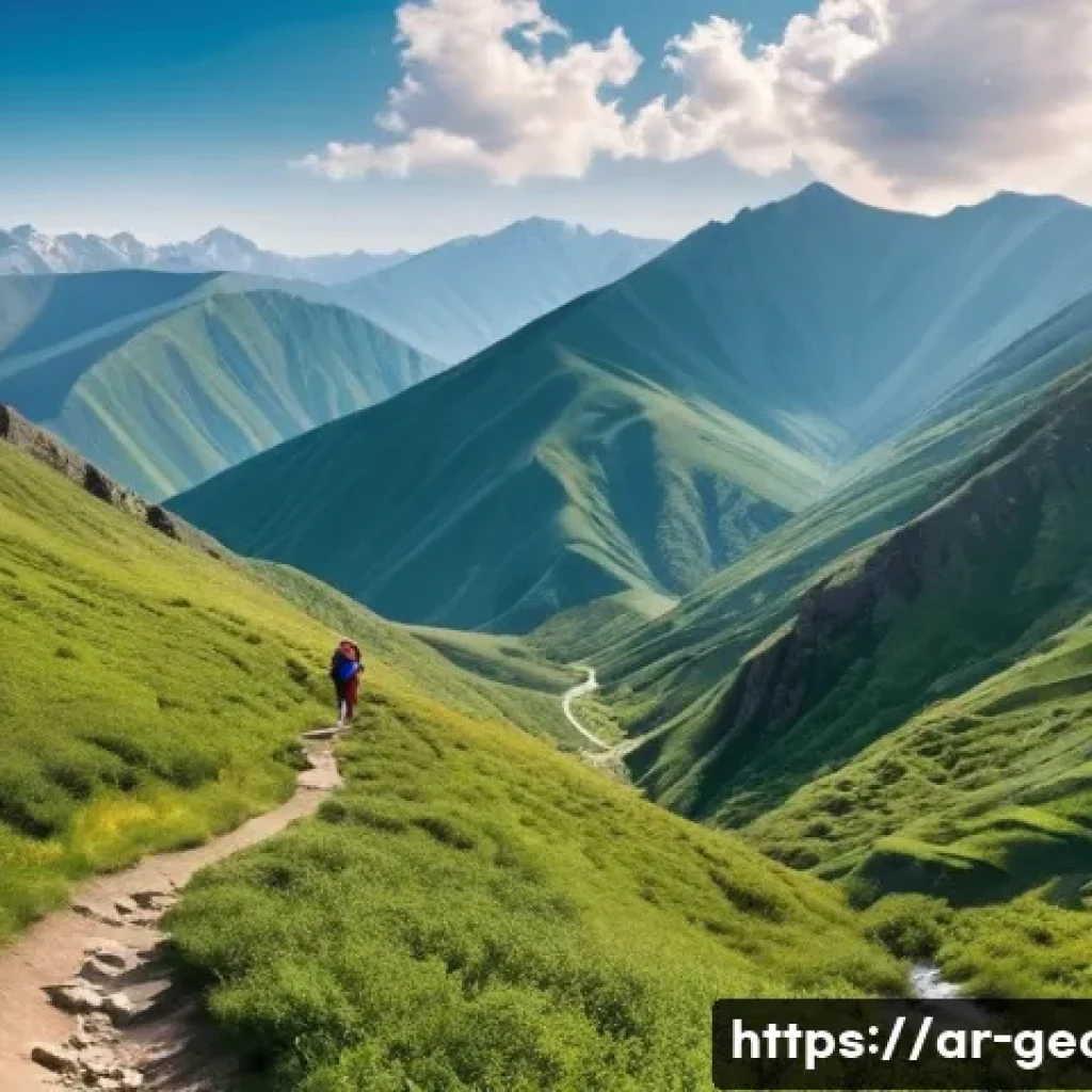조지아 아르메니아 국경 여행 - A serene mountain trail scene depicting the diverse landscapes between Georgia and Armenia: towering...