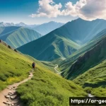 조지아 아르메니아 국경 여행 - A serene mountain trail scene depicting the diverse landscapes between Georgia and Armenia: towering...