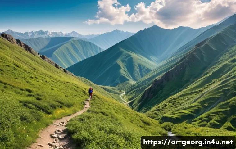 조지아 아르메니아 국경 여행 - A serene mountain trail scene depicting the diverse landscapes between Georgia and Armenia: towering...