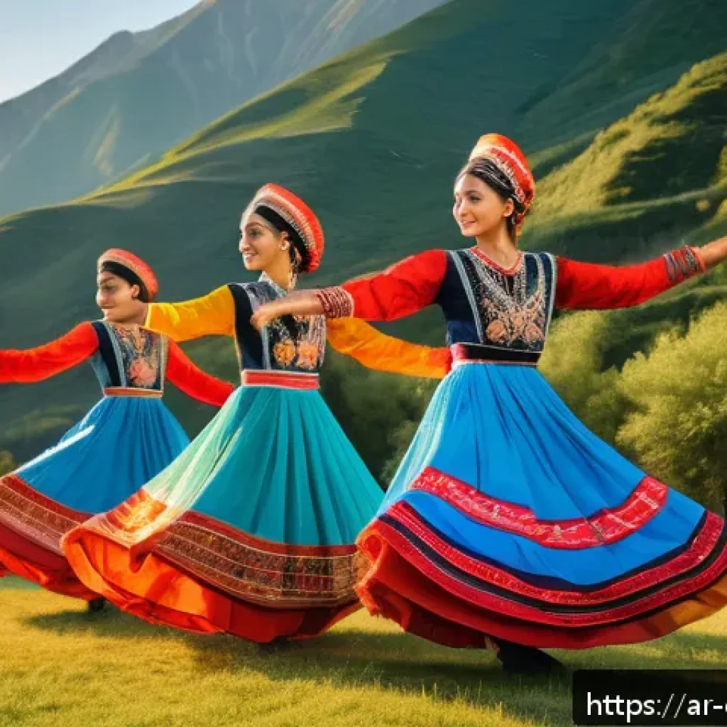조지아 전통 춤 공연 - A vibrant traditional Georgian dance scene set outdoors with a backdrop of lush Caucasus mountains d...
