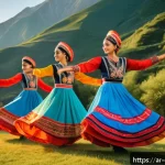 조지아 전통 춤 공연 - A vibrant traditional Georgian dance scene set outdoors with a backdrop of lush Caucasus mountains d...