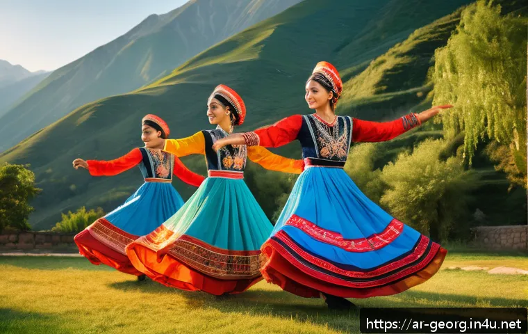 조지아 전통 춤 공연 - A vibrant traditional Georgian dance scene set outdoors with a backdrop of lush Caucasus mountains d...
