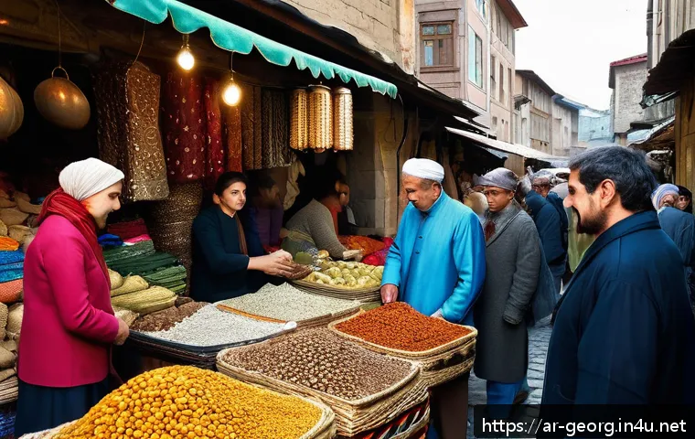 조지아의 다문화 사회 - A vibrant street market scene in old Tbilisi, Georgia, showcasing diverse ethnic groups including Ge...