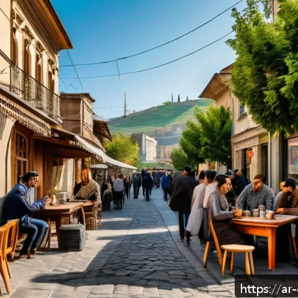 조지아의 여행 블로거 추천 - A cozy Georgian street scene in Tbilisi’s Sololaki neighborhood during golden hour, showcasing small...