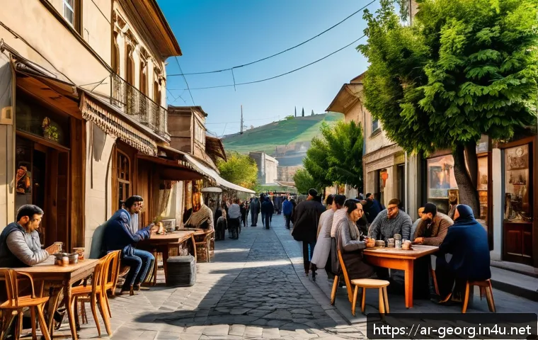 조지아의 여행 블로거 추천 - A cozy Georgian street scene in Tbilisi’s Sololaki neighborhood during golden hour, showcasing small...