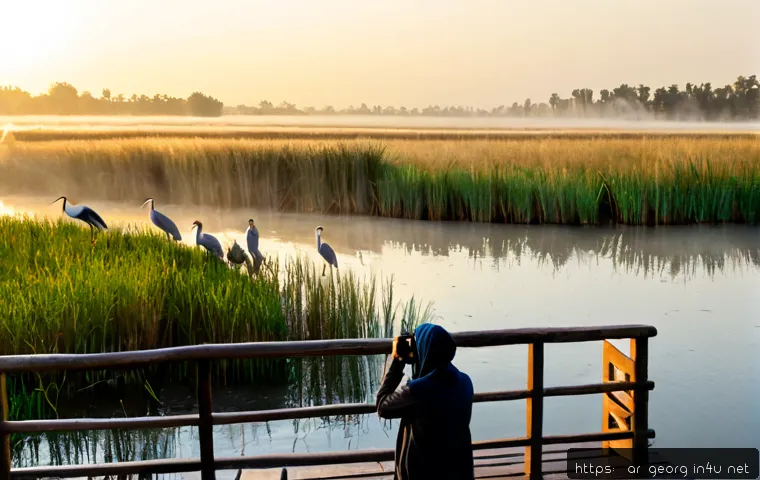 Home 17 조지아의 조류 관찰 지역 - Photorealistic sunrise birdwatching scene in Georgia’s Kolkheti National Park wetlands, an Arab fami...